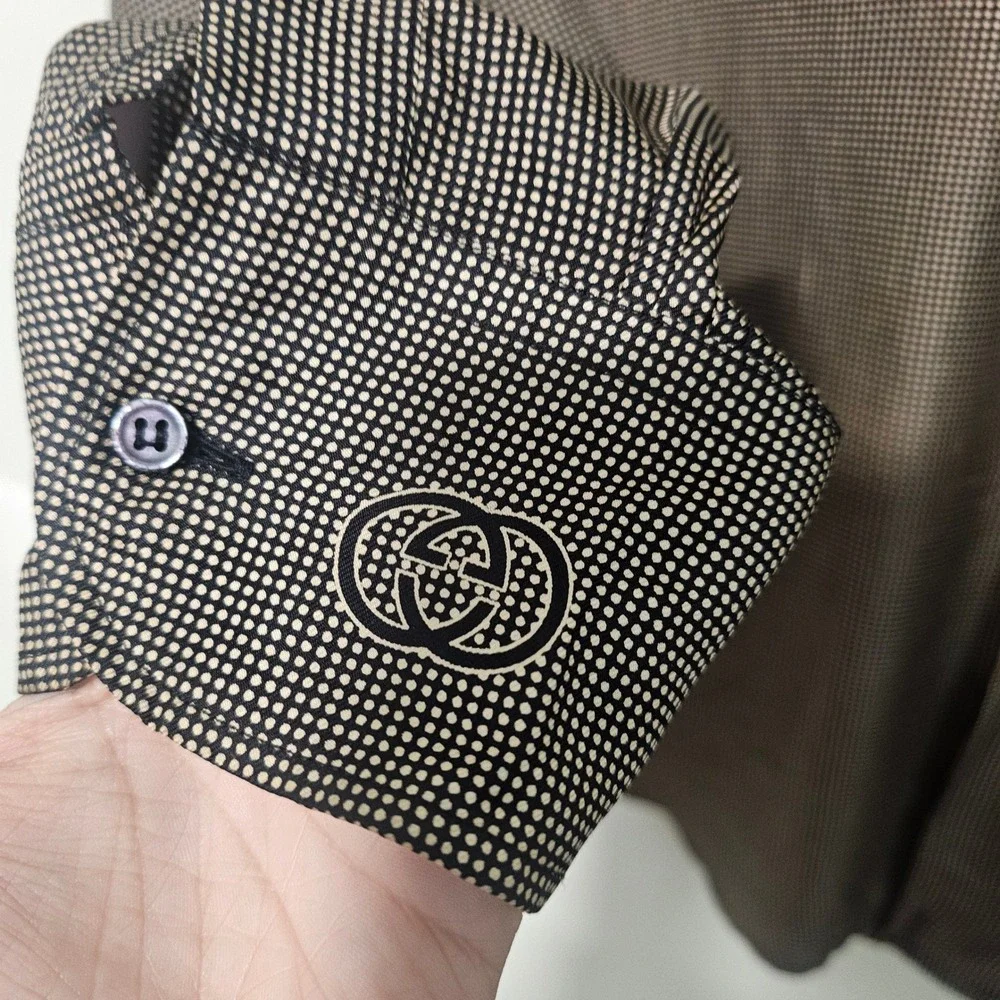 Gucci Mens Silk‎ Button Down Shirt 43/17 Brown Micro Dot GG Logo Pocket Italy